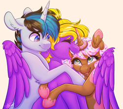 Size: 3145x2776 | Tagged: safe, artist:mxiiisy, oc, oc only, oc:donut daydream, oc:solar gizmo, oc:sunny smiles, pegasus, pony, unicorn, female, group hug, high res, hug, mare, signature, simple background, trio, winghug, wings