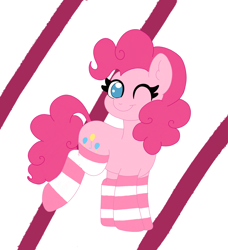 Size: 2209x2422 | Tagged: safe, artist:sparkly-retsuko, pinkie pie, earth pony, pony, g4, clothes, high res, no pupils, one eye closed, socks, solo, striped socks, wink