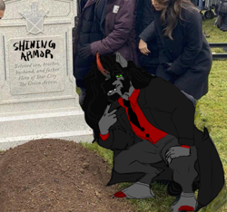 Size: 1300x1218 | Tagged: safe, edit, king sombra, human, g4, bad end, clothes, grave, implied death, implied murder, implied shining armor, irl, meme, peace sign, photo, shitposting, suit