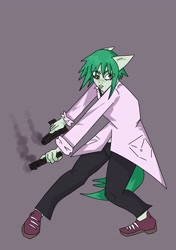 Size: 2885x4096 | Tagged: safe, artist:sleepymist, oc, oc only, earth pony, anthro, clothes, dual wield, earth pony oc, gray background, gun, handgun, lab coat, pistol, scientist, simple background, smoke, solo, weapon
