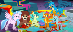 Size: 1600x702 | Tagged: safe, screencap, gallus, ocellus, sandbar, silverstream, smolder, yona, changedling, changeling, classical hippogriff, dragon, earth pony, griffon, hippogriff, pony, yak, g4, uprooted, angry, bow, cloven hooves, colored hooves, cropped, dragoness, female, hair bow, jewelry, male, monkey swings, necklace, student six, teenager