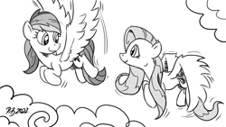 Size: 1200x675 | Tagged: safe, artist:pony-berserker, fluttershy, rainbow dash, pegasus, pony, pony-berserker's twitter sketches, pony-berserker's twitter sketches (2022), g4, cloud, female, flying, lesbian, looking at each other, looking at someone, mare, monochrome, ship:flutterdash, shipping