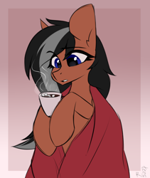Size: 1600x1900 | Tagged: source needed, useless source url, safe, artist:rinteen, oc, oc only, pony, blanket, chocolate, colored sketch, eye clipping through hair, eyebrows, eyebrows visible through hair, food, hot chocolate, leg hold, mug, solo