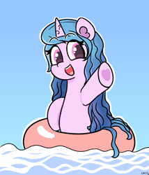 Size: 1754x2048 | Tagged: safe, artist:limitmj, izzy moonbow, pony, unicorn, g5, cute, female, heart, hoof heart, inflatable toy, inner tube, izzybetes, mare, open mouth, raised hoof, solo, upside-down hoof heart, water, wet, wet mane