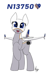 Size: 1485x2298 | Tagged: safe, artist:ponynamedmixtape, oc, oc only, oc:0750, original species, plane pony, pony, boeing 737, female, happy, looking at you, plane, simple background, solo, transparent background, united airlines