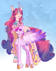 Size: 1200x1530 | Tagged: safe, artist:millman;, princess amore, princess cadance, alicorn, crystal pony, pony, unicorn, g4, spoiler:comic, chest fluff, curved horn, duo, ear fluff, eye clipping through hair, eyebrows, eyebrows visible through hair, horn, lidded eyes, simple background, smiling, spread wings, wings
