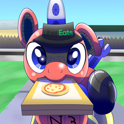 Size: 2000x2000 | Tagged: safe, artist:trackheadtherobopony, oc, oc:trackhead, pony, robot, robot pony, cute, food, high res, looking at you, pizza, uber eats