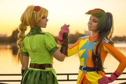 Size: 1280x854 | Tagged: safe, artist:bizarre-deer, artist:shisu-kun, applejack, rainbow dash, human, equestria girls, g4, my little pony equestria girls: friendship games, clothes, cosplay, costume, duo, female, irl, irl human, photo