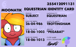 Size: 1280x800 | Tagged: safe, artist:moonatik, oc, oc only, oc:moonatik, pegasus, pony, new lunar millennium, alternate timeline, bust, cutie mark, id card, nightmare takeover timeline, pegasus oc, signature, solo, trottingham