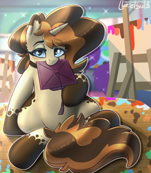 Size: 969x1113 | Tagged: safe, artist:llametsul, oc, oc only, oc:creme cookie, pony, unicorn, atg 2022, colored, eyeshadow, female, graduation cap, hat, lidded eyes, looking at you, makeup, mare, mouth hold, newbie artist training grounds, paint