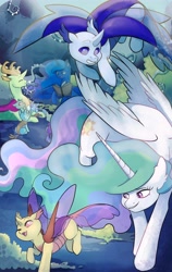 Size: 2400x3800 | Tagged: safe, artist:paintedsnek, princess celestia, princess luna, thorax, oc, oc:calor the changeling, changedling, changeling, nymph, g4, book, commissioner:navelcolt, cute, fanfic, fanfic art, high res, hive, king thorax, papa thorax, playing, reading, thorabetes