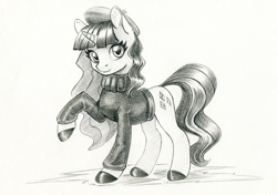 Size: 1422x1000 | Tagged: safe, artist:maytee, rarity, pony, unicorn, g4, beatnik rarity, beret, clothes, hat, monochrome, pencil drawing, simple background, solo, sweater, traditional art, white background