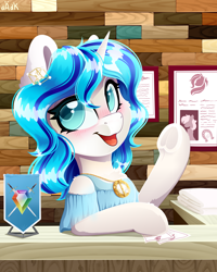 Size: 4000x5000 | Tagged: safe, artist:rainbowfire, oc, oc only, pony, unicorn, beautiful, blue eyes, blue mane, blushing, chest fluff, clothes, complex background, confused, cute, decoration, desk, desktop, detailed, detailed background, diamond, dress, dressup, ear fluff, ear piercing, earring, emblem, female, fluffy, frog (hoof), gold, hooves, horn, jewelry, looking at you, mare, medallion, necklace, open mouth, paper, piercing, saloon, smiling, smiling at you, solo, standing, standing on two hooves, towel, tree, underhoof, wall, white