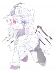 Size: 1508x1955 | Tagged: safe, artist:ginmaruxx, pony, unicorn, clothes, eye clipping through hair, female, heterochromia, horn, looking at you, mare, open mouth, open smile, raised hoof, simple background, smiling, smiling at you, solo, white background