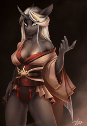 Size: 1936x2800 | Tagged: safe, artist:dacsy, oc, oc only, oc:queen venyx, changeling, changeling queen, anthro, beckoning, breasts, changeling oc, cleavage, clothes, dress, female, high res, looking at you, simple background, solo, white changeling, wings