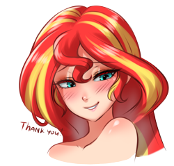 Size: 1560x1492 | Tagged: safe, artist:racoonsan, sunset shimmer, human, bedroom eyes, blushing, cute, female, grin, humanized, shimmerbetes, simple background, smiling, solo, thank you, transparent background
