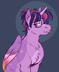 Size: 1086x1337 | Tagged: safe, artist:eggoatt, twilight sparkle, alicorn, pony, g4, chest fluff, glasses, hair up, solo, tongue out, twilight sparkle (alicorn)