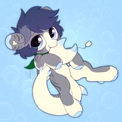 Size: 3000x3000 | Tagged: safe, artist:argigen, oc, oc only, hybrid, merpony, pony, bald face, biting, blaze (coat marking), body markings, bubble, chibi, cloven hooves, coat markings, colored eartips, colored hooves, colored pinnae, facial markings, fish tail, heart, heart ears, heart eyes, high res, looking at you, pale belly, price tag, simple background, tail, tail bite, two toned mane, underwater, water, wingding eyes