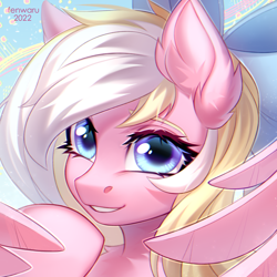 Size: 2000x2000 | Tagged: safe, artist:fenwaru, oc, oc only, oc:bay breeze, pegasus, pony, bow, cute, female, hair bow, happy, high res, looking at you, mare, pegasus oc, wings