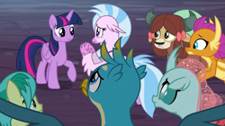 Size: 1277x718 | Tagged: safe, screencap, gallus, ocellus, sandbar, silverstream, smolder, twilight sparkle, yona, alicorn, changedling, changeling, classical hippogriff, dragon, earth pony, griffon, hippogriff, pony, yak, g4, uprooted, student six, twilight sparkle (alicorn)