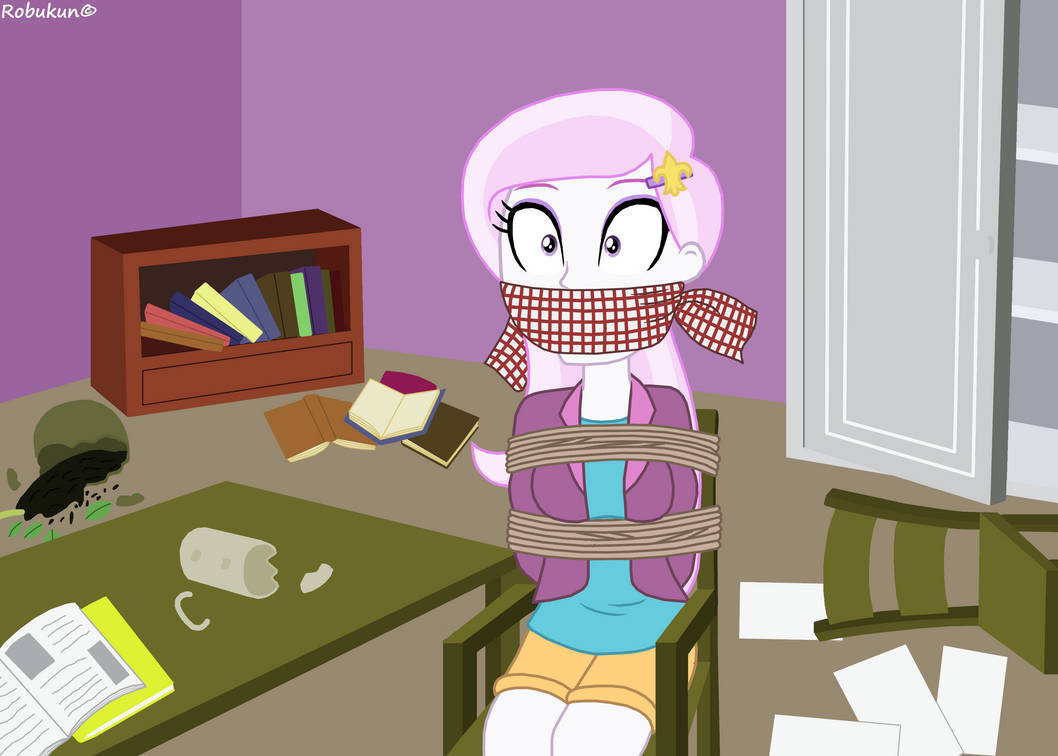 2929301 - safe, artist:robukun, fleur-de-lis, human, equestria girls, g4,  bondage, bound and gagged, cloth gag, clothes, female, gag, solo, tied to  chair, tied up - Derpibooru