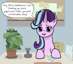 Size: 1221x1071 | Tagged: safe, artist:realdash, phyllis, starlight glimmer, pony, unicorn, g4, bedroom eyes, cute, dialogue, explicit source, female, glimmerbetes, lidded eyes, looking at you, mare, office, open mouth, open smile, school of friendship, sitting, smiling, smiling at you, solo, speech bubble, stamp, starlight's office, story included, talking to viewer, text