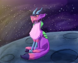 Size: 2762x2230 | Tagged: safe, artist:gosha305, derpibooru exclusive, idw, cosmos, draconequus, g4, detailed background, full body, high res, horns, moon, sitting, space, stars