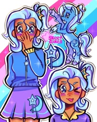 Size: 640x800 | Tagged: safe, artist:skeetcakesworld, trixie, human, pony, unicorn, equestria girls, g4, blushing, clothes, cute, cutie mark, cutie mark on clothes, diatrixes, female, hairpin, one eye closed, skirt, solo, tail, wink