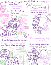 Size: 4779x6013 | Tagged: safe, artist:adorkabletwilightandfriends, spike, starlight glimmer, dragon, pony, unicorn, comic:adorkable twilight and friends, g4, adorkable, adorkable friends, bush, butt, comic, conversation, cute, dork, downtown, fart joke, flower, friendship, happy, high angle, perspective, plot, pointing, ponyville, question, restaurant, sidewalk, slice of life, spike is not amused, sugarcube corner, tail, town, unamused, walking