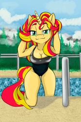 Size: 1000x1500 | Tagged: safe, artist:furryfantan, sunset shimmer, unicorn, anthro, breasts, busty sunset shimmer, cleavage, clothes, cloud, female, fence, green eyes, lidded eyes, looking at you, multicolored hair, one-piece swimsuit, solo, swimming pool, swimsuit, water