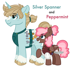 Size: 2650x2479 | Tagged: safe, artist:pink-pone, oc, oc only, oc:peppermint patty, oc:silver spanner, pegasus, pony, unicorn, clothes, female, high res, male, mare, simple background, stallion, white background