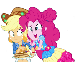 Size: 682x563 | Tagged: safe, artist:marcoequestrian98, edit, edited screencap, screencap, applejack, pinkie pie, human, equestria girls, equestria girls series, g4, sunset's backstage pass!, spoiler:eqg series (season 2), background removed, butter, duo, duo female, female, food, music festival outfit, not a vector, pancakes, simple background, syrup, transparent background