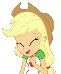 Size: 568x685 | Tagged: safe, artist:marcoequestrian98, edit, edited screencap, screencap, applejack, human, equestria girls, g4, applejack's hat, background removed, cowboy hat, eyebrows, eyes closed, female, hat, not a vector, open mouth, open smile, simple background, smiling, solo, transparent background