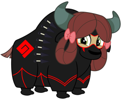 Size: 3500x2900 | Tagged: safe, artist:ponygamer2020, yona, yak, school daze, :p, clothes, cloven hooves, crossover, cute, female, happy, kunai, looking at you, monkey swings, ninja, nose, randy cunningham: 9th grade ninja, scarf, silly, simple background, solo, suit, transparent background, vector, weapon, yonadorable