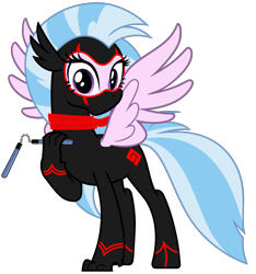 Size: 3000x3200 | Tagged: safe, artist:ponygamer2020, silverstream, classical hippogriff, hippogriff, school daze, clothes, crossover, cute, excited, female, gasp, happy, looking at you, ninja, nunchucks, randy cunningham: 9th grade ninja, scarf, silly, simple background, solo, spread wings, suit, transparent background, vector, weapon, wings
