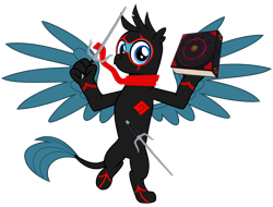 Size: 4200x3200 | Tagged: safe, artist:ponygamer2020, gallus, griffon, school daze, book, claws, clothes, crossover, cute, gallabetes, looking at you, male, ninja, ninjanomicon, randy cunningham: 9th grade ninja, sai, scarf, simple background, smiling, solo, spread wings, suit, transparent background, vector, weapon, wings