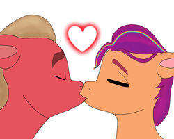 Size: 1686x1350 | Tagged: safe, artist:sproutscoutotp, sprout cloverleaf, sunny starscout, earth pony, pony, g5, my little pony: a new generation, blonde mane, couple, duo, eyes closed, female, heart, kiss on the lips, kissing, male, mare, orange coat, purple mane, red coat, ship:sunnyclover, shipping, simple background, stallion, straight, white background