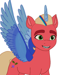 Size: 492x625 | Tagged: safe, artist:sproutscoutotp, sprout cloverleaf, alicorn, earth pony, pony, g5, my little pony: a new generation, spoiler:my little pony: a new generation, alicornified, alternate universe, artificial horn, artificial wings, augmented, blonde hair, green eyes, horn, magic, magic horn, magic wings, male, male alicorn, race swap, red coat, simple background, smiling, solo, sprouticorn, stallion, what if, white background, wings