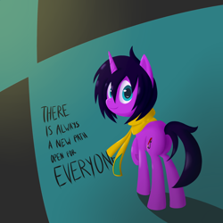 Size: 2000x2000 | Tagged: safe, artist:ultimatenightcore, oc, oc:artsplash, pony, unicorn, butt, clothes, female, high res, horn, motivational, plot, scarf, smiling, solo, unicorn oc