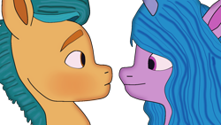 Size: 1280x720 | Tagged: safe, artist:sproutscoutotp, hitch trailblazer, izzy moonbow, earth pony, pony, unicorn, g5, my little pony: a new generation, blushing, couple, female, imminent kissing, looking at each other, male, mare, ship:moontrail, shipping, simple background, stallion, straight, transparent background