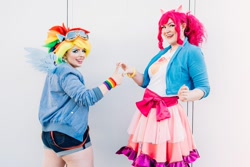 Size: 1080x720 | Tagged: safe, artist:roseygcosplay, pinkie pie, rainbow dash, human, g4, clothes, cosplay, costume, duo, goggles, irl, irl human, multicolored hair, photo, rainbow hair