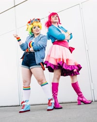 Size: 1080x1349 | Tagged: safe, artist:roseygcosplay, pinkie pie, rainbow dash, human, g4, boots, clothes, cosplay, costume, duo, goggles, high heel boots, irl, irl human, multicolored hair, photo, rainbow hair, shoes