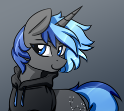 Size: 2652x2361 | Tagged: safe, artist:jetwave, oc, oc only, oc:orion, pony, unicorn, clothes, commission, gradient background, high res, hoodie, horn, male, solo, unicorn oc