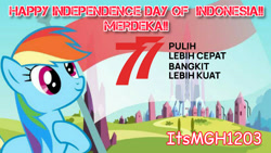 Size: 3413x1920 | Tagged: safe, edit, edited edit, edited screencap, editor:itsmgh1203, screencap, rainbow dash, pegasus, pony, g4, season 3, the crystal empire, crystal empire, derp, female, flag, hoof on chest, independence day, indonesia, indonesian independence day, mare, smiling, solo