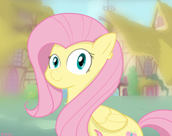 Size: 3800x3000 | Tagged: safe, artist:reinbou, fluttershy, pegasus, pony, g4, high res, looking at you, ponyville, smiling, solo