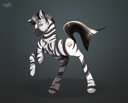 Size: 1600x1300 | Tagged: safe, artist:icy_passio, oc, oc only, oc:lost way, zebra, artwork, cutie mark on non-pony, male, pink eyes, pose, raised hoof, raised tail, simple background, smiling, smirk, smug, solo, stallion, stripes, tail, zebra oc