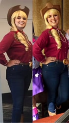 Size: 2304x4096 | Tagged: safe, artist:maddymoiselle, applejack, human, everfree northwest, g4, babscon, babscon 2019, belt, belt buckle, clothes, cosplay, costume, cowgirl, cowgirl outfit, denim, everfree northwest 2019, irl, irl human, jeans, pants, photo