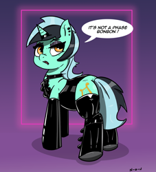 Size: 1515x1665 | Tagged: safe, artist:n-o-n, lyra heartstrings, pony, unicorn, g4, clothes, collar, goth, gothic, it's a phase, latex, latex boots, latex socks, latex suit, socks, solo