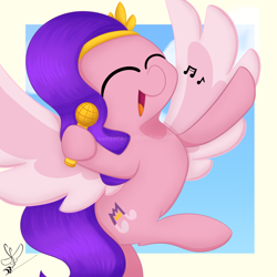 Size: 2000x2000 | Tagged: safe, artist:daftramms, pipp petals, pegasus, pony, g5, my little pony: tell your tale, adorapipp, backwards cutie mark, colored wings, cute, eyes closed, female, flying, high res, mare, microphone, music notes, open mouth, open smile, signature, simple background, singing, smiling, solo, spread wings, wings