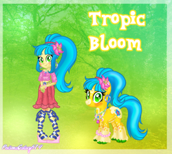 Size: 2008x1808 | Tagged: safe, artist:prismagalaxy514, artist:selenaede, oc, oc only, oc:tropic bloom, earth pony, human, pony, equestria girls, g4, clothes, ear piercing, earring, flower, flower in hair, jewelry, latin, latin american, latina, nature, necklace, piercing, ponytail, redesign, reference sheet, sandals